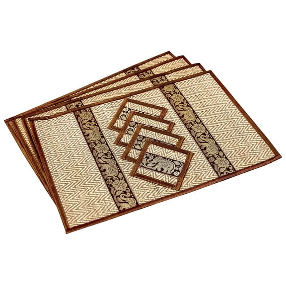 CCcollections Placemat Coaster 4 sets Eco-Friendly Heat Resistant Easy to Wipe Clean - LARGE - Dark Gold - (small trim)