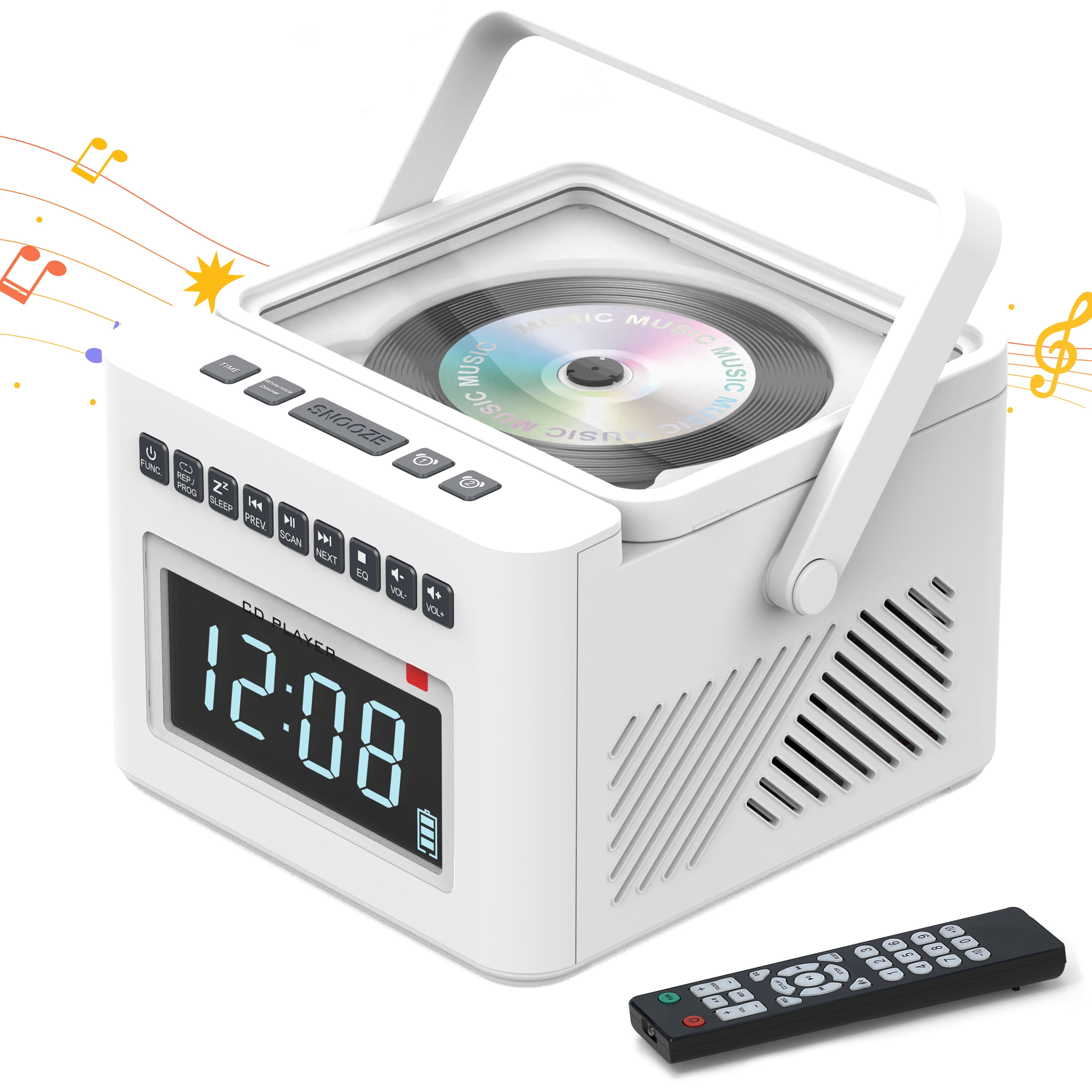 Greadio New 5000mAh Rechargeable CD Player Boombox with Alarm Clock and Time Display, Portable CD Player with Bluetooth Transmitter, Radio CD Player with Remote, AUX/TF/USB for Outdoor, Gift