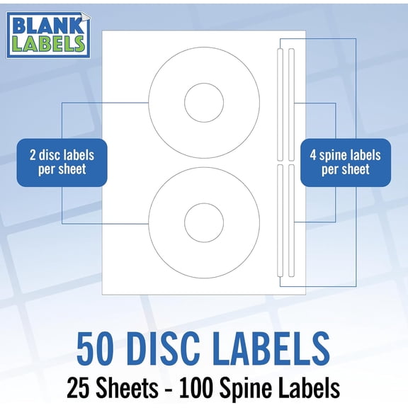CD/DVD Label Full Face | Qty 50 Disc, 100 Spine 25 Sheets Total Permanent White Matte Compatible with Inkjet and Laser Printer