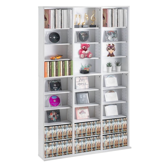 CD DVD Storage Cabinet, 756 Capacity Media Shelf, 9-Layer Adjustable Organizer for Movies, Music, Video Games, White
