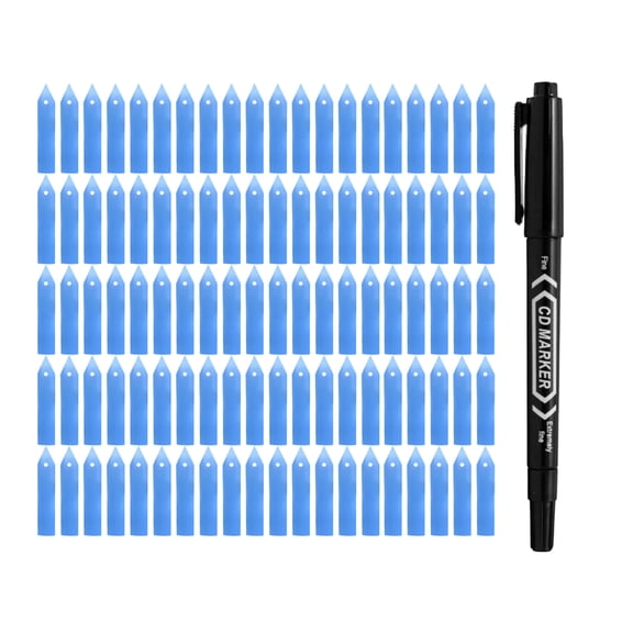 CD Marker 4 Inch Waterproof Reusable Plastic Plant Labels with 1 Marker Pen - 100 Pack for Garden Seedlings, Vegetables, Flowers, Gardening Organization - Blue
