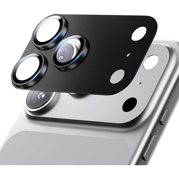 CD Metal Armor Camera Lens Protector for iPhone 17 Pro Max, Black, Full Coverage HD Tempered Glass