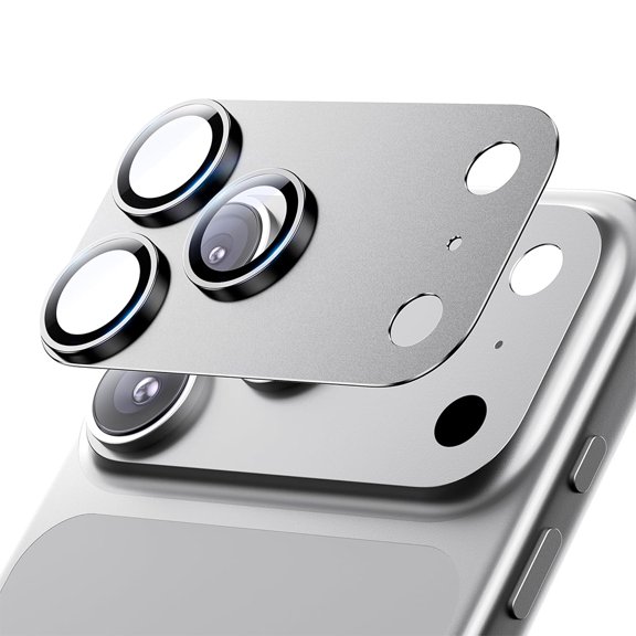 CD Metal Armor Camera Lens Protector for iPhone 17 Pro Max, Silver, Full Coverage HD Tempered Glass
