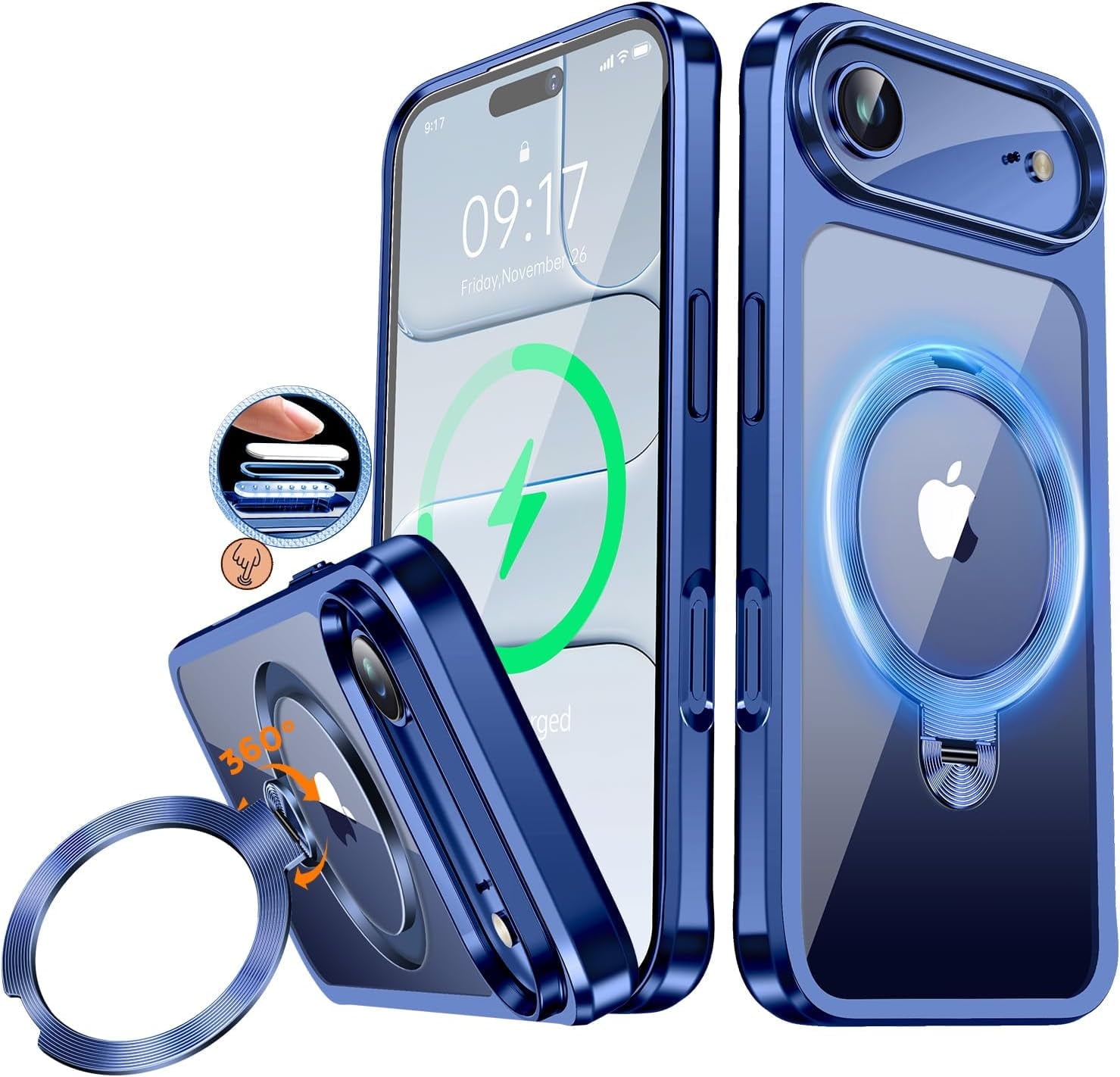 JETeacka CD Metal Ring & Invisible 360° Spin Stand Magnetic Case for iPhone 17 Air Electroplated Bumper Compatible with MagSafe Slim Clear Cover-Blue