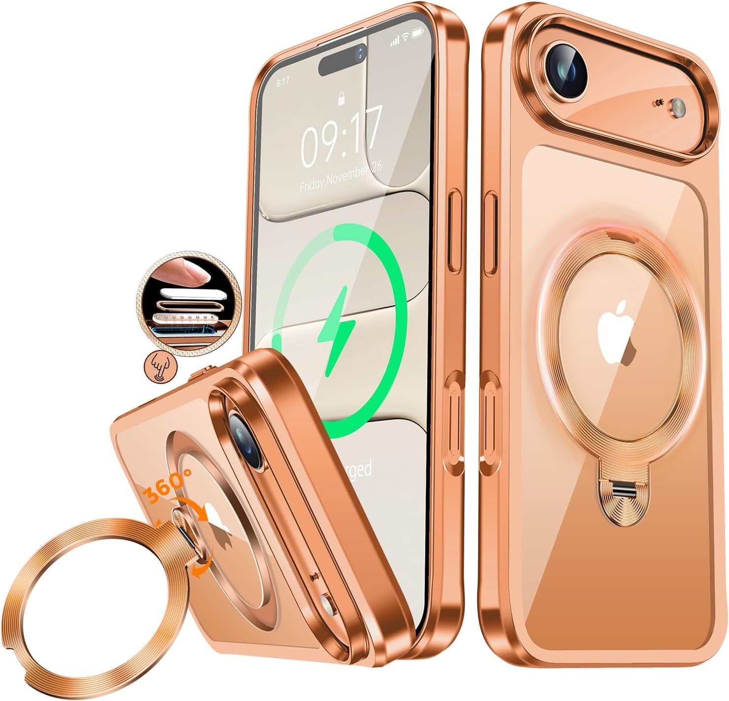 JETeacka CD Metal Ring & Invisible 360° Spin Stand Magnetic Case for iPhone 17 Air Electroplated Bumper Compatible with MagSafe Slim Clear Cover-Orange