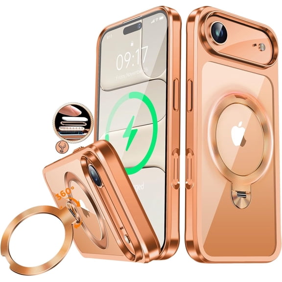 JETeacka CD Metal Ring & Invisible 360° Spin Stand Magnetic Case for iPhone 17 Air Electroplated Bumper Slim Clear Cover-Orange