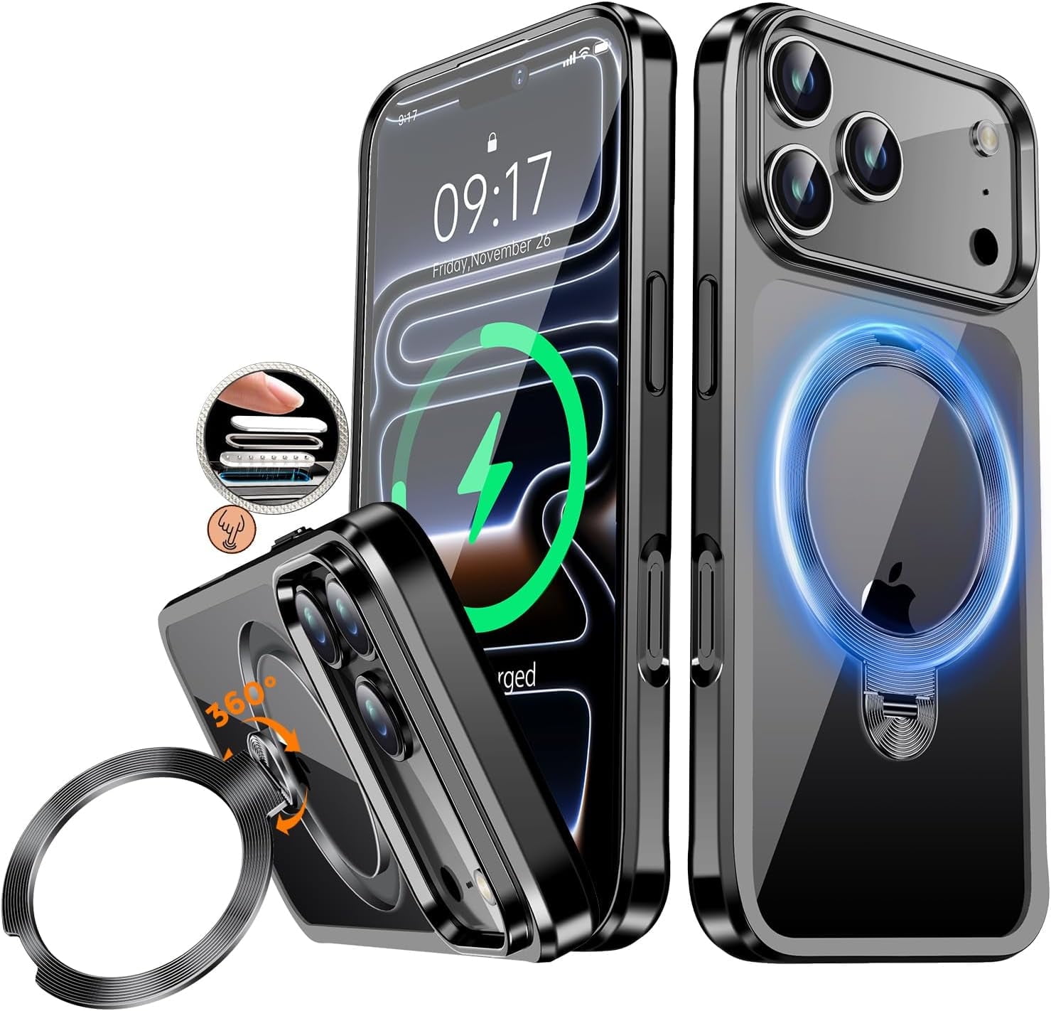 JETeacka CD Metal Ring & Invisible 360° Spin Stand Magnetic Case for iPhone 17 Pro Electroplated Bumper Compatible with MagSafe Slim Clear Cover-Black