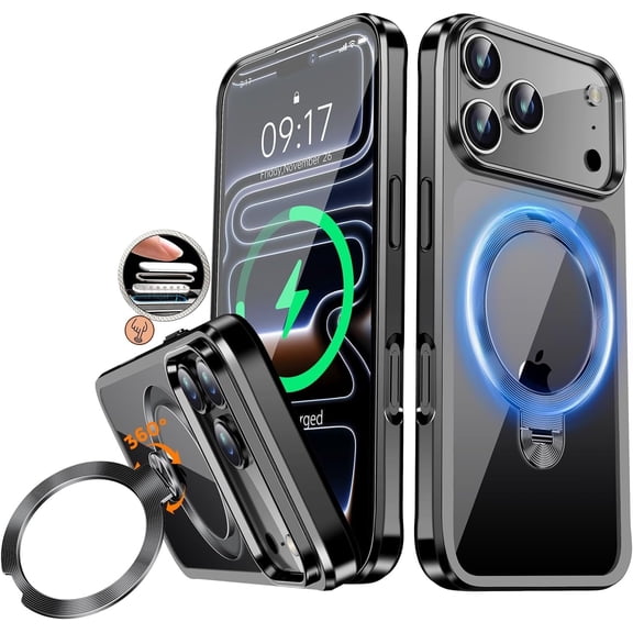 JETeacka CD Metal Ring & Invisible 360° Spin Stand Magnetic Case for iPhone 17 Pro Electroplated Bumper Slim Clear Cover-Black