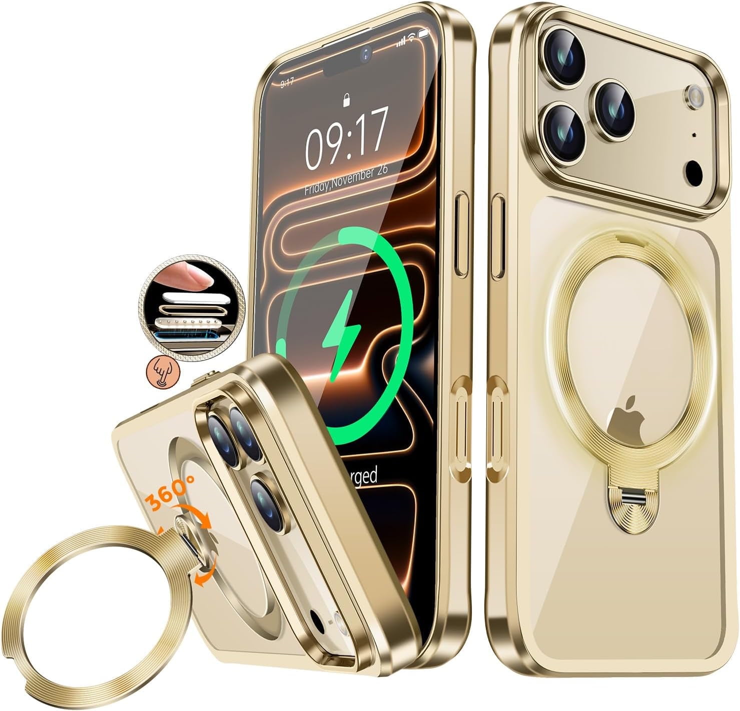 JETeacka CD Metal Ring & Invisible 360° Spin Stand Magnetic Case for iPhone 17 Pro Electroplated Bumper Compatible with MagSafe Slim Clear Cover-Gold