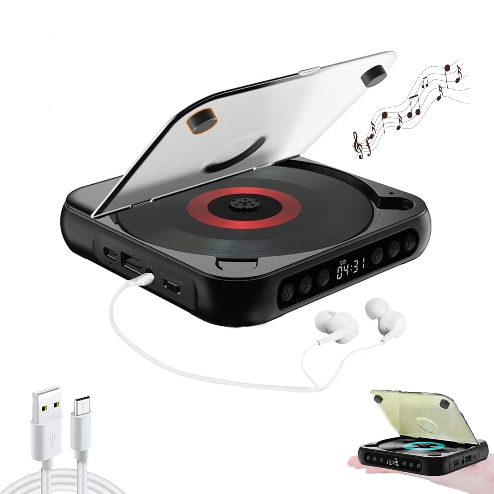 CD Player with Bluetooth, Rechargeable Compact CD Player Built-in HiFi Speakers, Portable CD Player for Home/Car, Supports CD/AUX/USB and Repeat Modes, Headphones, LCD Screen