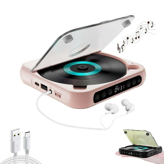 CD Player with Bluetooth, Rechargeable Compact CD Player Built-in HiFi Speakers, Portable CD Player for Home/Car, Supports CD/AUX/USB and Repeat Modes, Headphones, LCD Screen