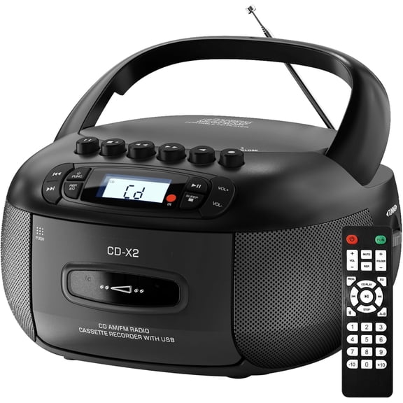 CD Player Boombox with Cassette Player: Portable CD Boom Box with Bluetooth,FM/AM,Tape Recorder and Remote - USB/MP3/AUX Player with Sleep Timer- AC/Battery Powered for Home/Outdoor/Gift