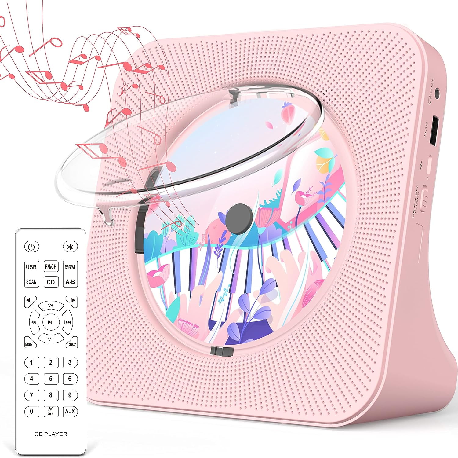 CD Player Portable Bluetooth Desktop 4000mAh Rechargeable CD Player with Remote Control for Home CD Player with Timer HiFi Speakers Dust Cover LCD Screen Display FM Radio-Pink