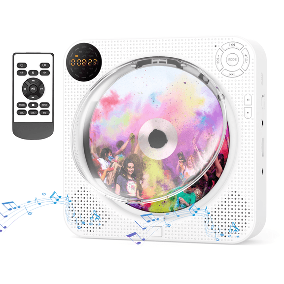 CD Player Portable Bluetooth Wall Mountable Desktop CD Player with Hifi Sound Speakers, Remote Control, Dust Cover, LED Display, Support FM Radio Wireless, AUX in Cable&USB,Repeat