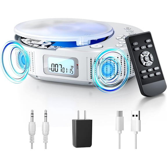 CD Player Portable, Upgraded Boombox CD Player & Bluetooth Speaker 2 in 1 Combo, Rechargeable Portable CD for Car/Home with Remote Control, FM Radio, Support AUX/USB, Headphone Jack