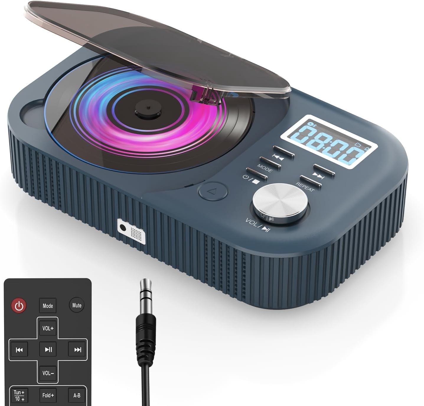 CD Player Portable, White Noise Portable CD Player with Bluetooth/Dual Stereo Speakers,Support FM Radio/USB/AUX,Remote Control,4000mAh Rechargeable for Car/Home Navy Blue