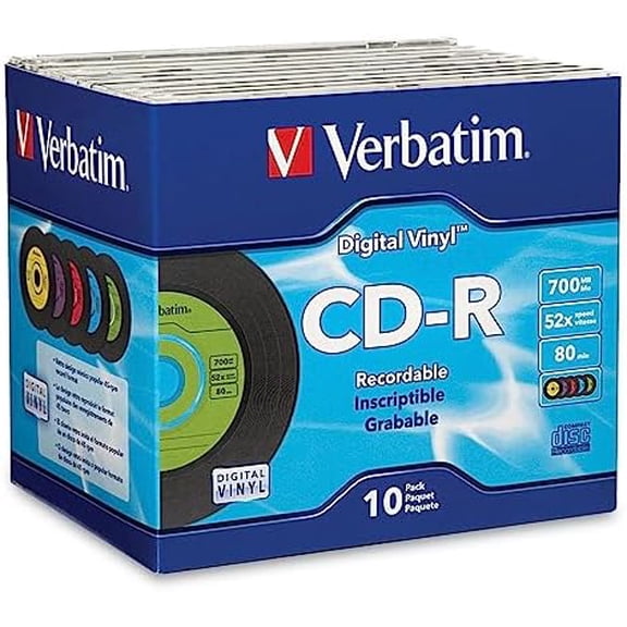 CD-R Blank Discs 700MB 80min 52X Recordable Disc for Data and Music with Digital Vinyl Surface - 10pk Slim Case Blue/Green/Orange/Pink/Purple