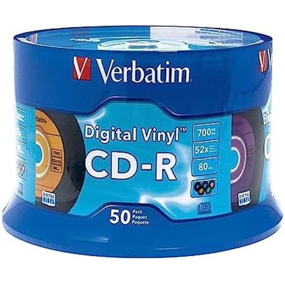 CD-R Blank Discs 700MB 80min 52X Recordable Disc for Data and Music with Digital Vinyl Surface - 50pk Spindle Blue/Green/Orange/Pink/Purple