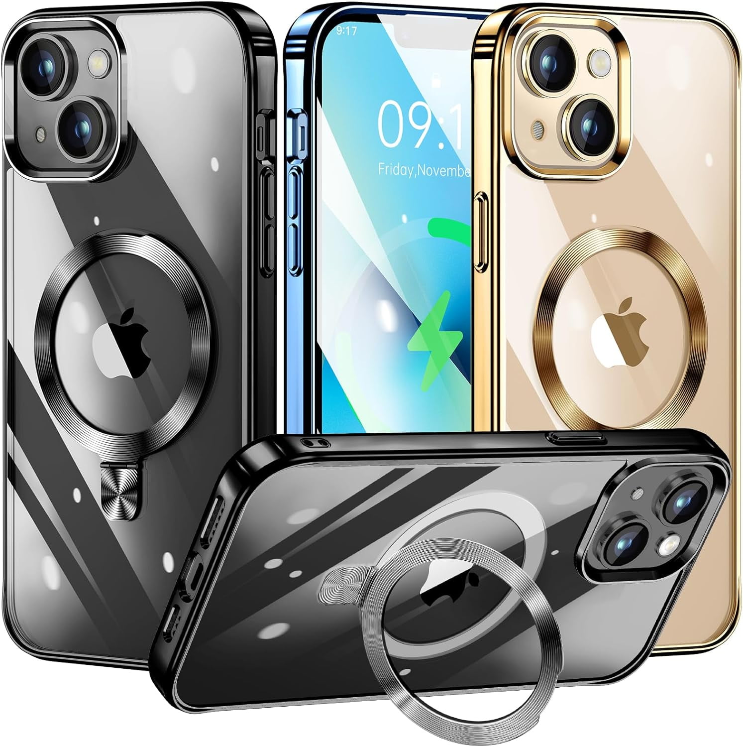 Flyzoo Magnetic Kickstand Case For IPhone 17, [Compatible With MagSafe & Invisible Ring Stand Holder] [Non-Yellowing & Shockproof] Clear Transparent Hard Silicone Edge Cover, 6.3'', Clear Purple
