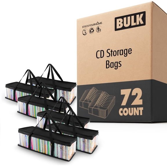 CD Storage Bags (72 Pack) - Transparent PVC Media Storage - Water Resistant CD Holder Case with Handles - Clear Plastic Carrying Game Bag Storage for CDs, Albums, Video Games, Books - Stock Your Home