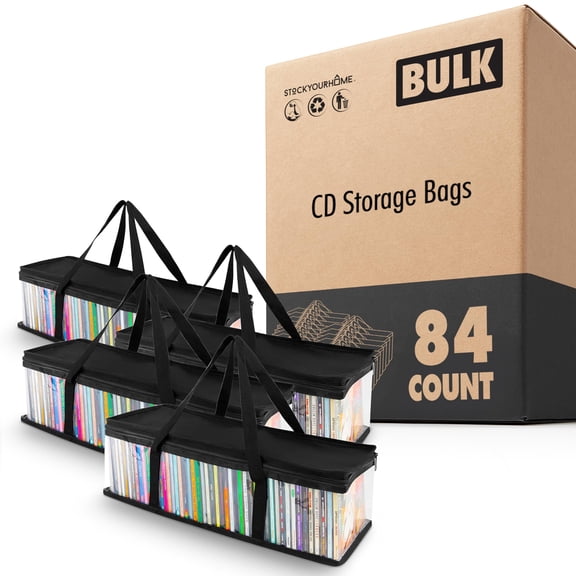 CD Storage Bags (84 Pack), Clear PVC Media Cases with Handles, Water Resistant Carrying Bags for CDs, Albums, Video Games and Books, Stock Your Home