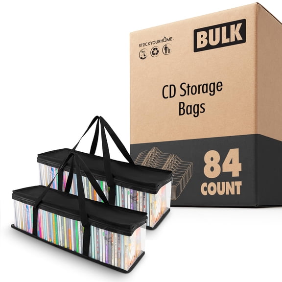 CD Storage Bags (84 Pack) - Transparent PVC Media Storage - Water Resistant CD Holder Case with Handles - Clear Plastic Carrying Game Bag Storage for CDs, Albums, Video Games, Books - Stock Your Home