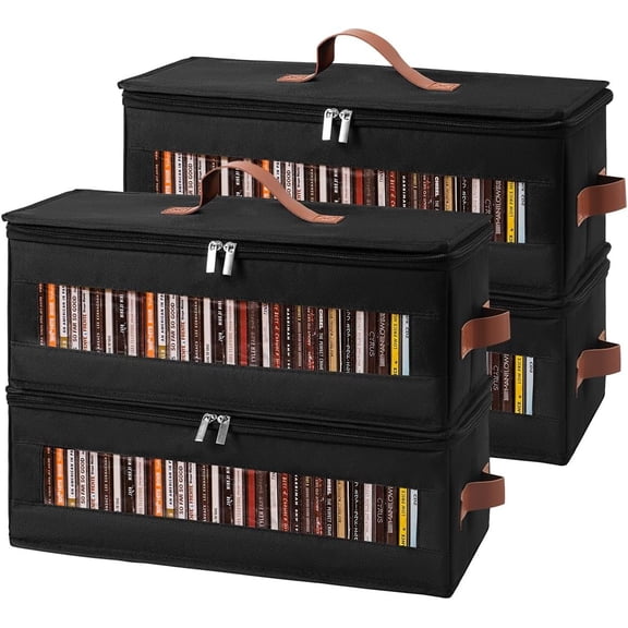 CD Storage Box - 4 Pack CD Case Holder with Clear Window, Holds 150 Jewel Cases, Media Storage Rack for CDs, Video  Disks, Blu Ray Disc-16.5 x 8.3 x 8 in, Black