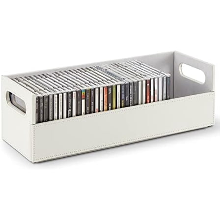 CD Storage Box, Organizer Shelf for Movie Cases, DVDs, Cassette Tape Display Stand, Disc Holder Can Store Up to 40 CDs, Faux Leather (White)