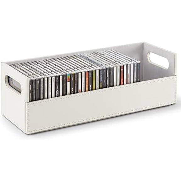 CD Storage Box, Organizer Shelf for Movie Cases, DVDs, Cassette Tape Display Stand, Disc Holder Can Store Up to 40 CDs, Faux Leather (White)