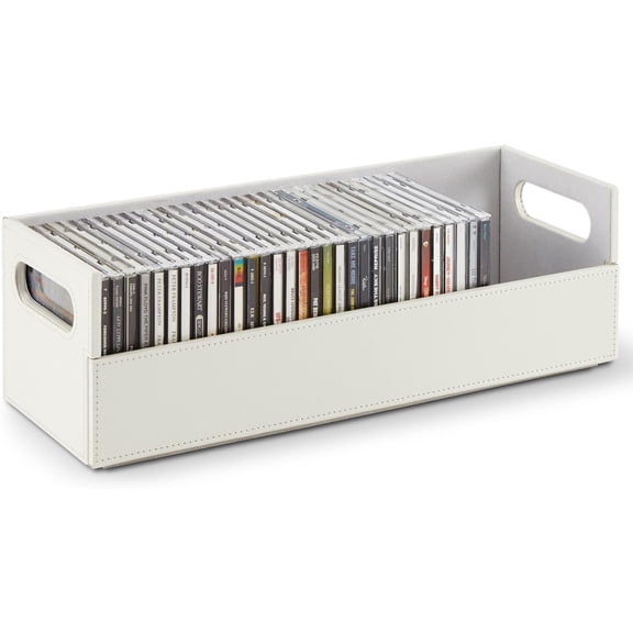 CD Storage Box, Organizer Shelf for Movie Cases, DVDs, Cassette Tape Display Stand, Disc Holder Can Store Up to 40 CDs, Faux Leather (White)