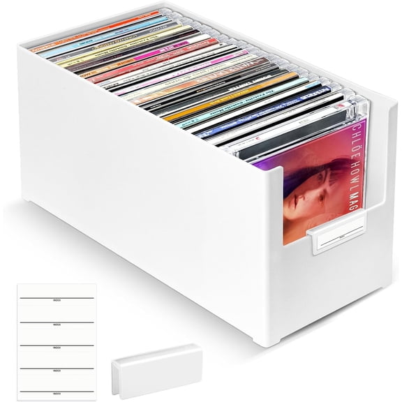 CD Storage Box, Stackable Plastic Organizer, Hold Up to 25 CDs, Case for desk and Shelf
