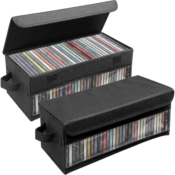 CD Storage Box with Handles and Clear Window, Stackable Media Organizer Case Holds Up to 32 CDs in Jewel Cases, Black