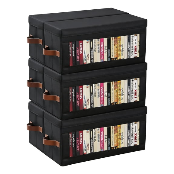 CD Storage Boxes 6-Pack, Non-Woven Stackable DVD Cases with Lid and Handles, Black