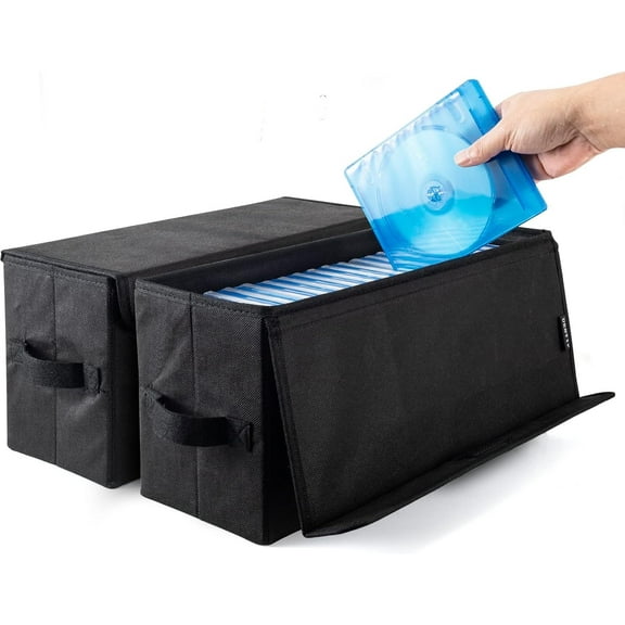 CD Storage Boxes - Pack of 2 DVD Case Storage, Container holds 40 DVDs in full jewel cases,80 DVDs in slim cases,and 200 discs in DVD sleeves - (2pack-black-Covered type)