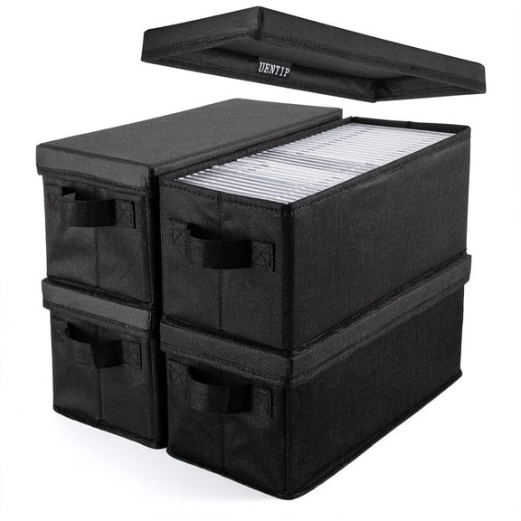 CD Storage Boxes - Pack of 4 CD Case Holder, Container holds 30 CDs in full jewel cases, 60 CDs in slim cases, and 165 discs in CD sleeves - (4pack-black)