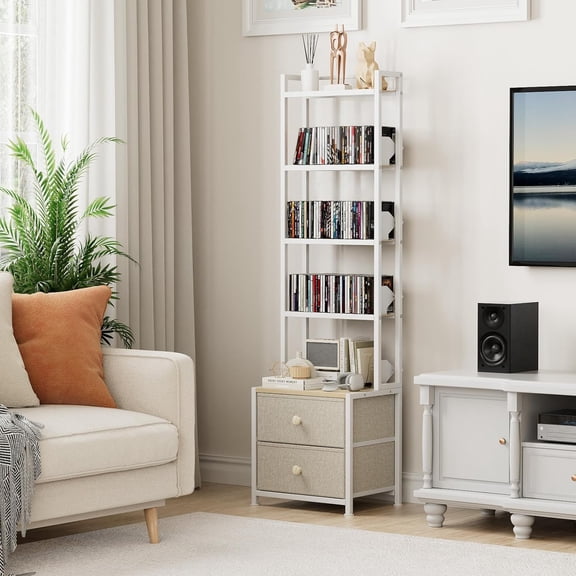 CD Storage Rack with Drawer, 5-Tier DVD Organizer Shelf w/Adjustable Book Stoppers, Media Storage Rack for CD/DVD, Books & Games, Ideal for Living Room & Home Office – 15.7x11.8x56.5Inches