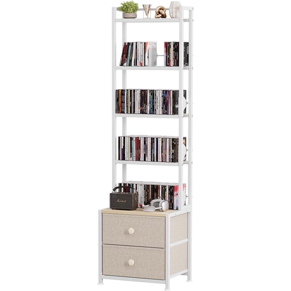 CD Storage Rack with Drawer, 5-Tier DVD Organizer Shelf w/Adjustable Book Stoppers, Media Storage Rack for CD/DVD, Books & Games, Ideal for Living Room & Home Office 15.7x11.8x56.5Inches