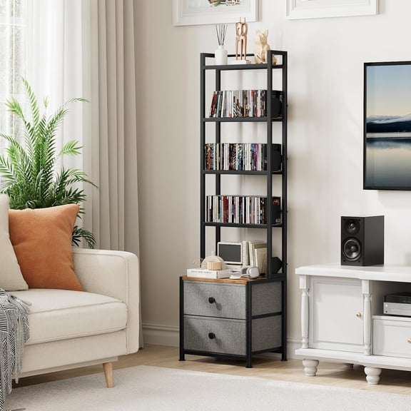 CD Storage Rack with Drawer, 5-Tier DVD Organizer Shelf w/Adjustable Book Stoppers, Media Storage Rack for CD/DVD, Books & Games, Ideal for Living Room & Home Office – 15.7x11.8x56.5Inches