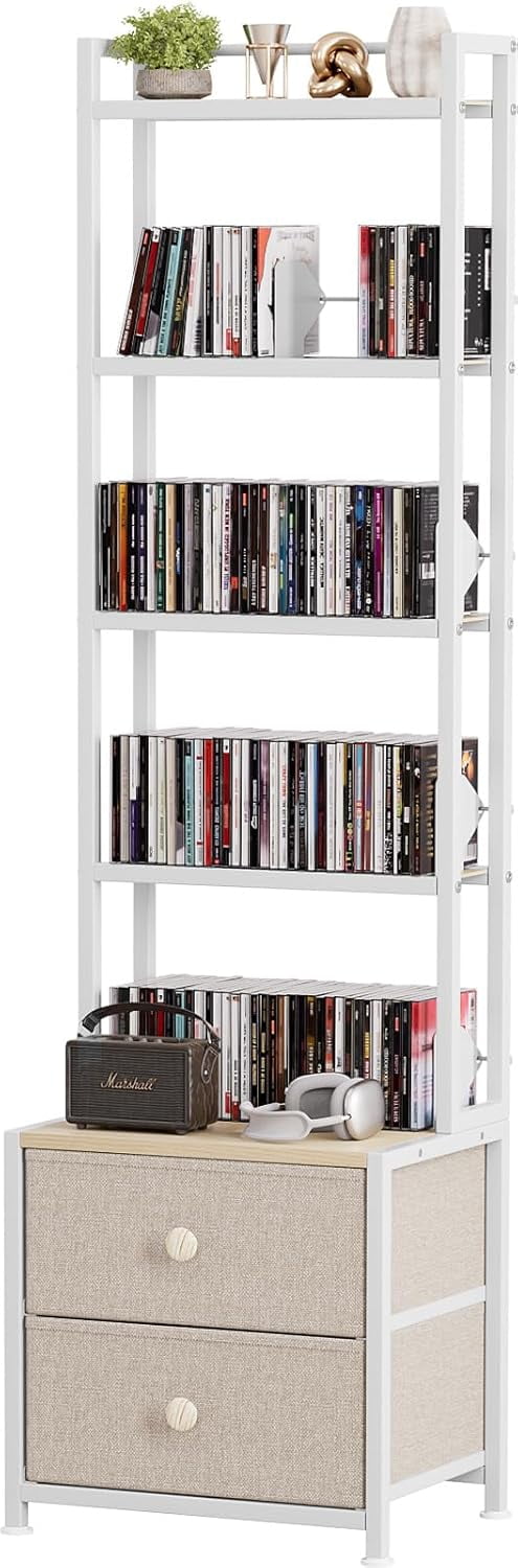 CD Storage Rack with Drawer, 5-Tier DVD Organizer Shelf w/Adjustable ...
