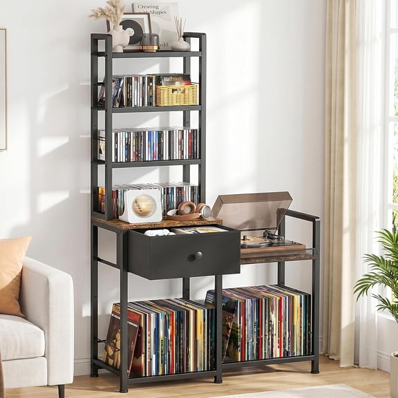 CD Storage Rack with Drawer, 7-Tier DVD Organizer Shelf Vinyl Storage, Large Media Cabinet for Living Room, Home Office, Holds 150 DVDs or 300 CDs, 75 Records, Books & Games, Brown