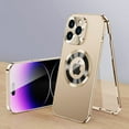 thumbnail image 1 of [CD Texture Metal Camera Ring & Magnetic Flip Phone Case for iPhone 12 Pro, [Compatible with MagSafe] Metal Frame Plating PC Back with Built-in Tempered Glass Screen Protector - Gold, 1 of 7