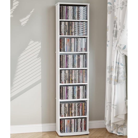 CD Tower Storage Rack, 8-Tier CD Storage Shelf with Adjustable Shelves DVD Stand Tower for Living Room Bedroom Office, White