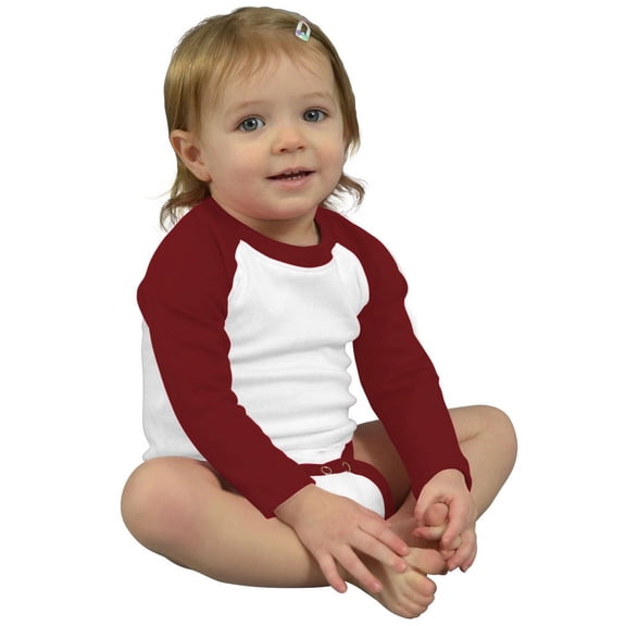 <![CDATA[Interlock Long Sleeve Raglan Bodysuit,  White/Maroon,  0-3 m]]>