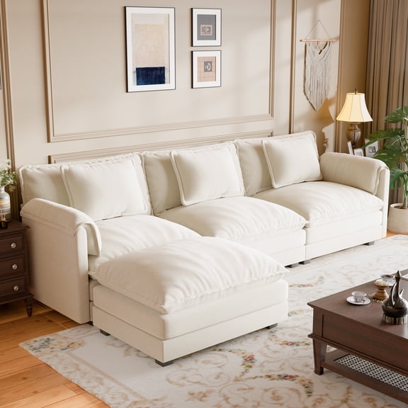 CDCASA 113" Modular Sectional Sofa with Movable Ottoman, 4-Seat Large L Shaped Couch with Deep Seat, Comfy Chenille Sectionals for Living Room, Beige