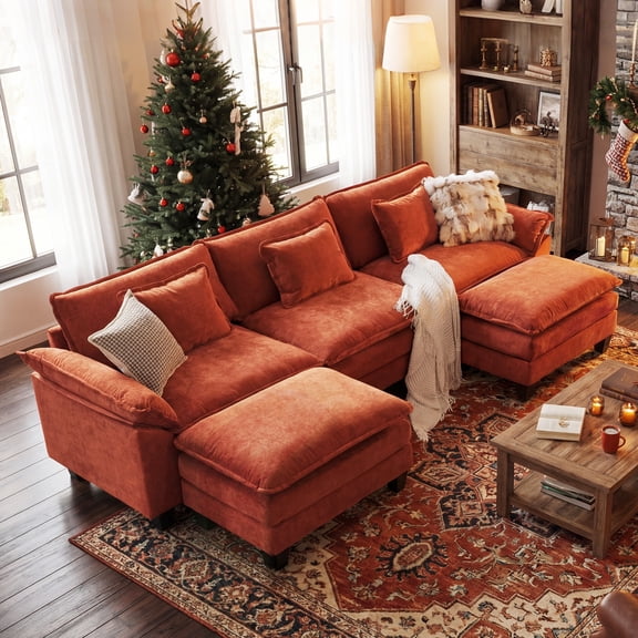 CDCASA 120" Modular Sectional Sofa, 3-Seat U Shaped Cloud Couch with Movable Ottoman, Deep Seat Modern Sofa, Oversized Sectional Couches for Living Room, Orange