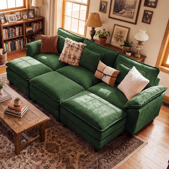 CDCASA 120" Modular Sectional Sofa Bed, 3-Seat Cloud Couch with Movable Ottoman, Deep Seat Modern Sofa, Oversized Sectional Couches for Living Room, Green