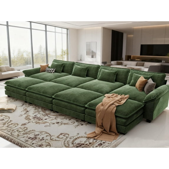 CDCASA 154" Modular Sectional Sofa Bed, 4-Seat Cloud Couch with Movable Ottoman, Deep Seat Modern Sofa, Oversized Sectional Couches for Living Room, Green