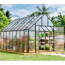 CDCASA 16x10 FT Quick Setup Polycarbonate Greenhouse with Roof Vent, Large Aluminum Walk-in Green House for Outdoor Garden Backyard, Black (16x10 FT,Black)