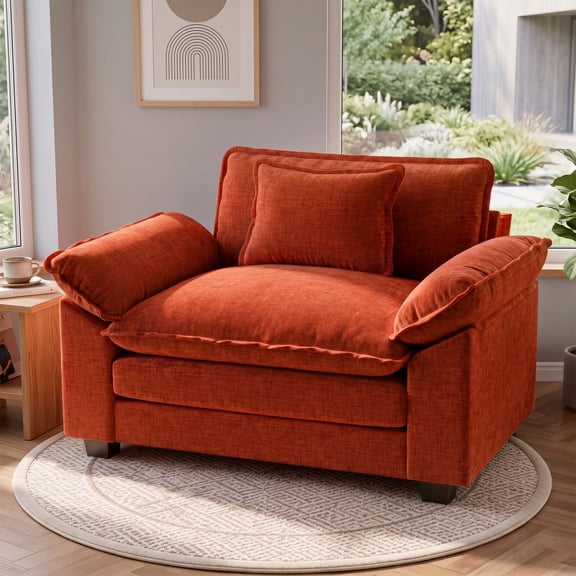 CDCASA 49.5" W Oversized Accent Chair, Chenille Cloud Sofa Chairs in Living Room, Comfy Reading Chair with Deep Seat, Modern Armchair in Extra Wide Armrests, Orange
