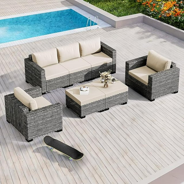 CDCASA 5-Piece Patio Furniture Set,2x Rattan Chair,2x Ottoman,3-Seat ...